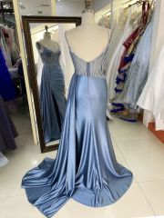 New luxury wholesale smoky blue chain beading long gowns evening dresses women for teen girls 2025