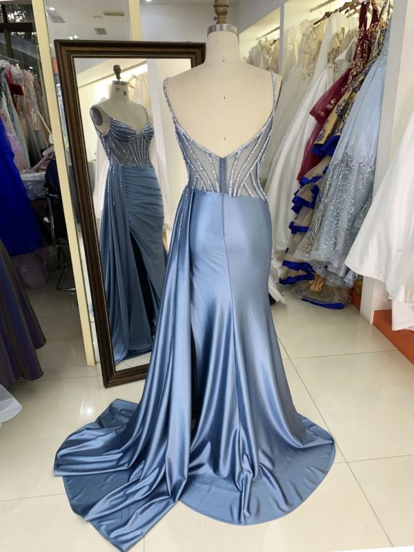 New luxury wholesale smoky blue chain beading long gowns evening dresses women for teen girls 2025