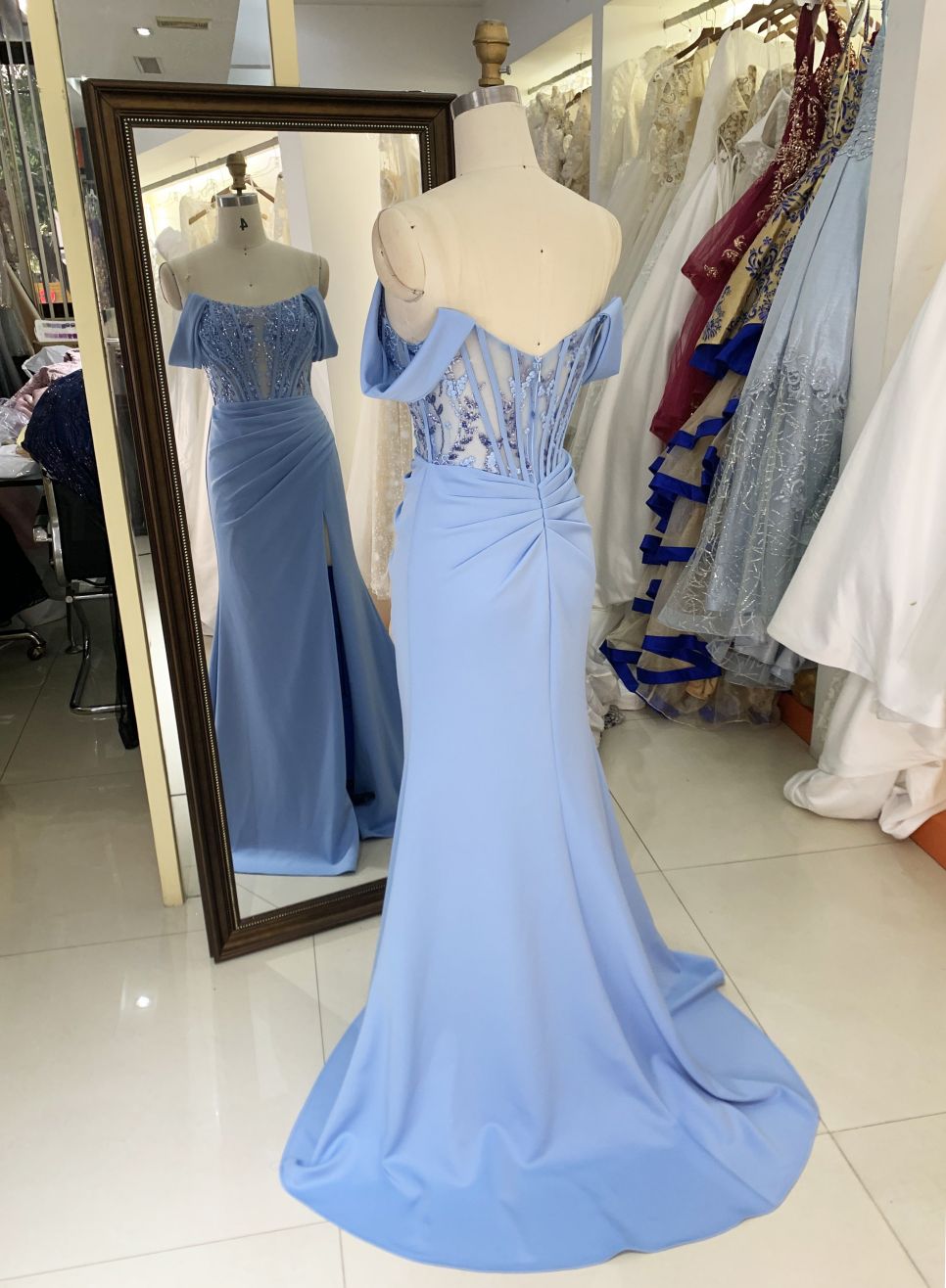 2025 New off shoulder boning sky blue prom dresses women lady elegant long gowns evening for girl