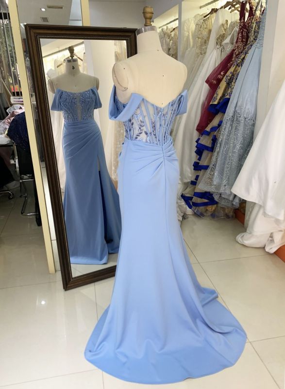 2025 New off shoulder boning sky blue prom dresses women lady elegant long gowns evening for girl