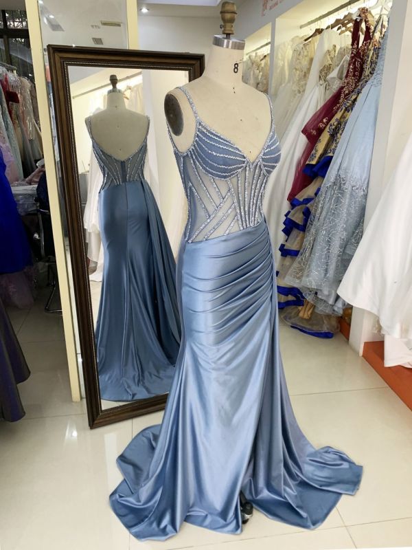 New luxury wholesale smoky blue chain beading long gowns evening dresses women for teen girls 2025