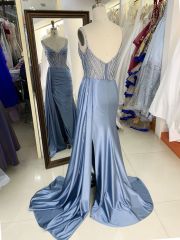 New luxury wholesale smoky blue chain beading long gowns evening dresses women for teen girls 2025