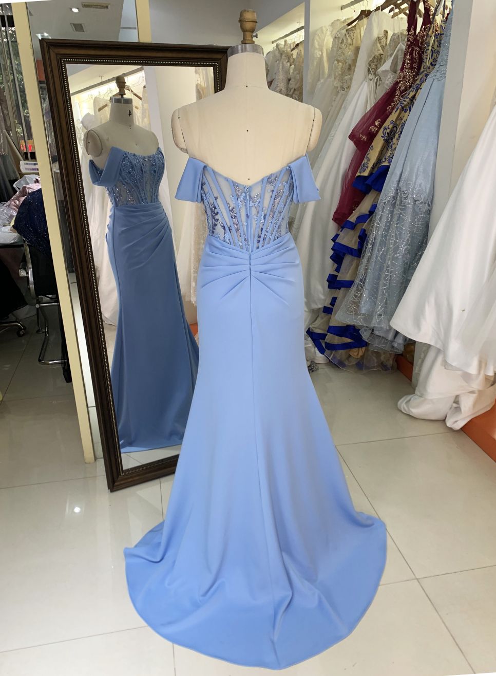 2025 New off shoulder boning sky blue prom dresses women lady elegant long gowns evening for girl