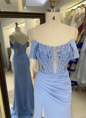 2025 New off shoulder boning sky blue prom dresses women lady elegant long gowns evening for girl