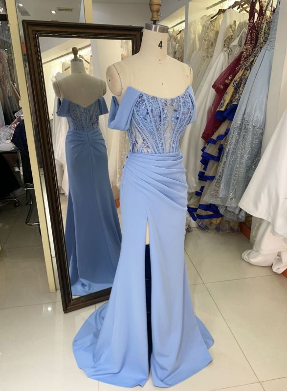 2025 New off shoulder boning sky blue prom dresses women lady elegant long gowns evening for girl