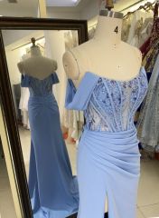 2025 New off shoulder boning sky blue prom dresses women lady elegant long gowns evening for girl