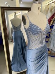 New luxury wholesale smoky blue chain beading long gowns evening dresses women for teen girls 2025