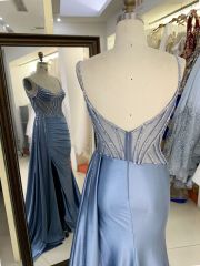 New luxury wholesale smoky blue chain beading long gowns evening dresses women for teen girls 2025