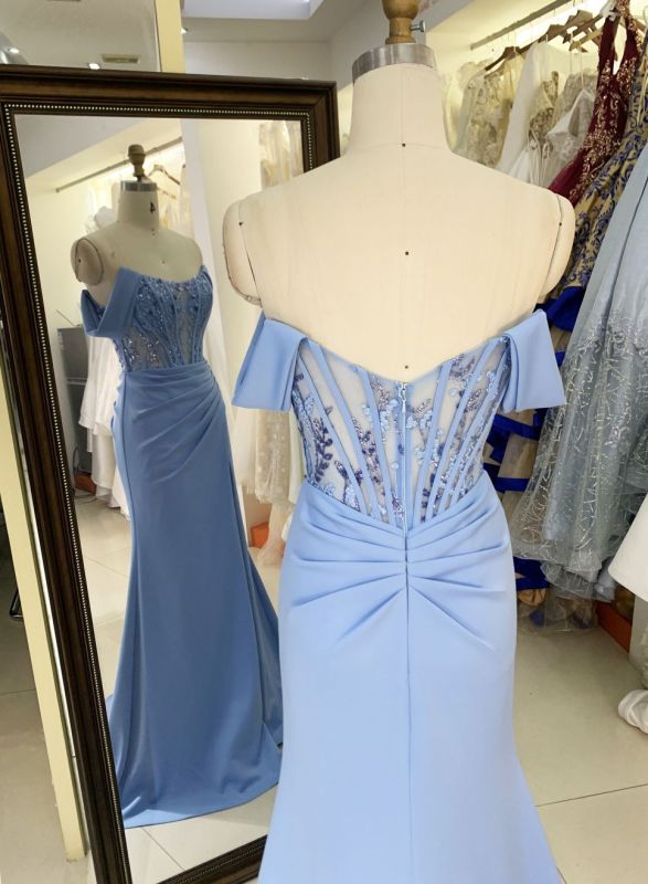 2025 New off shoulder boning sky blue prom dresses women lady elegant long gowns evening for girl