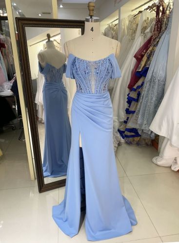2025 New off shoulder boning sky blue prom dresses women lady elegant long gowns evening for girl
