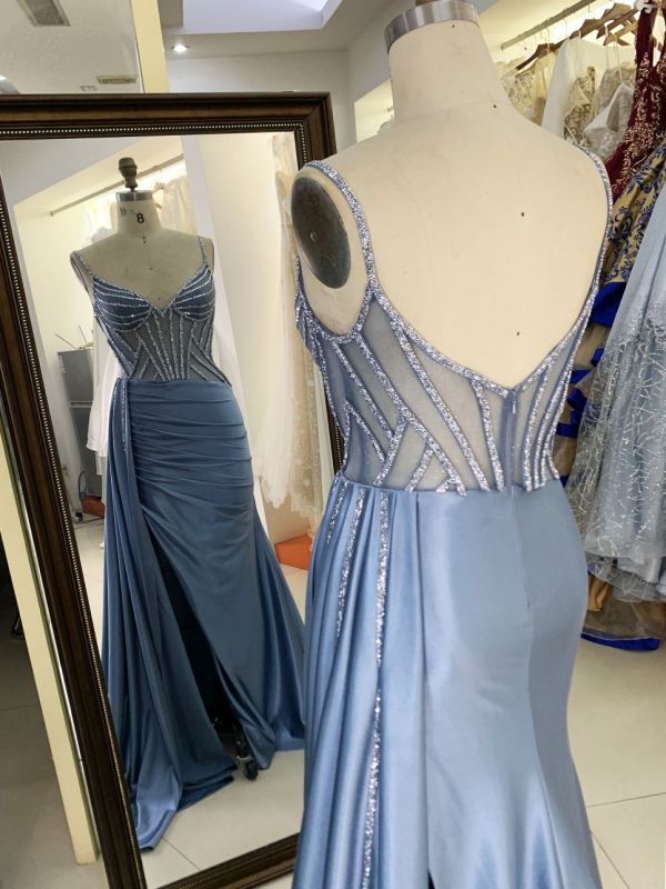 New luxury wholesale smoky blue chain beading long gowns evening dresses women for teen girls 2025