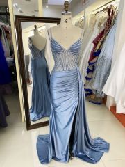 New luxury wholesale smoky blue chain beading long gowns evening dresses women for teen girls 2025