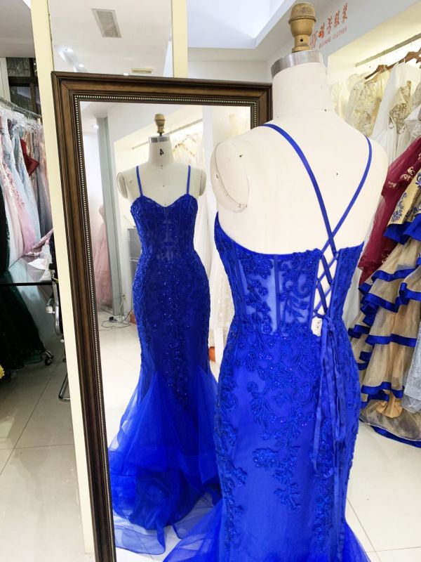 New embroidery flower boning royal blue elegant wholesale long gowns evening prom dress 2025