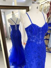 New embroidery flower boning royal blue elegant wholesale long gowns evening prom dress 2025