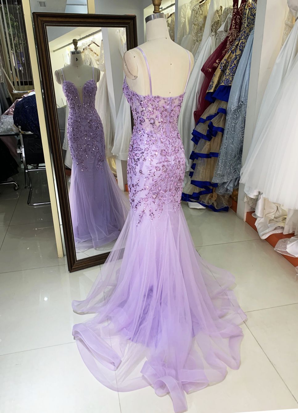 See through corset emerald lilac sleeveless deep V sequin beading tulle mermaid prom evening dresses