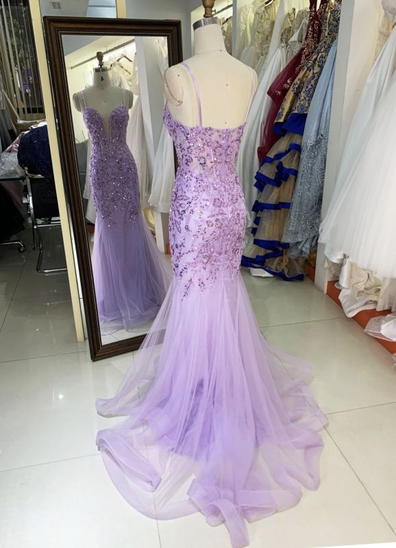 See through corset emerald lilac sleeveless deep V sequin beading tulle mermaid prom evening dresses