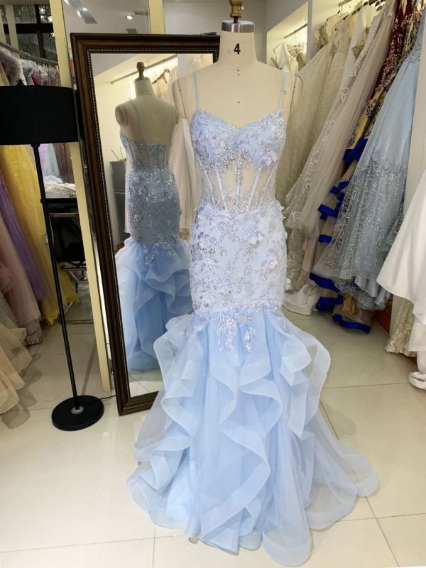 New 3D flowers boning wholesale long gowns ruffle skirt evening prom dress 2025 for girl on sale