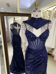 Wholesale see through corset navy blue sleeveless sequin hand pleated mermaid prom evening dresses