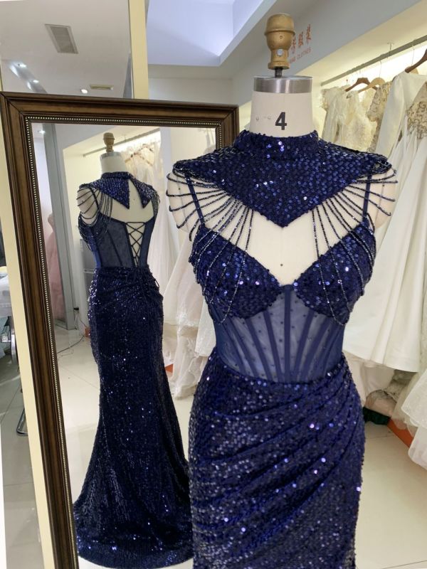 Wholesale see through corset navy blue sleeveless sequin hand pleated mermaid prom evening dresses