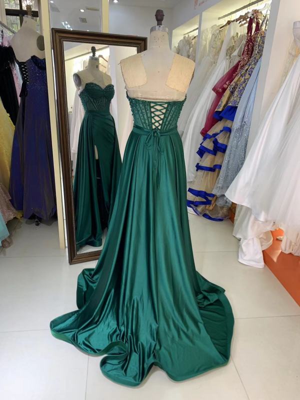 See through corset emerald green sleeveless beading hand pleated mermaid prom evening dresses with overskirt