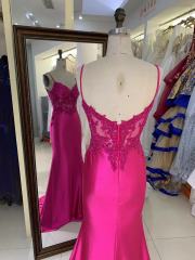 Wholesale embroidery corset Fuchsia sleeveless hand pleated satin mermaid prom evening dresses
