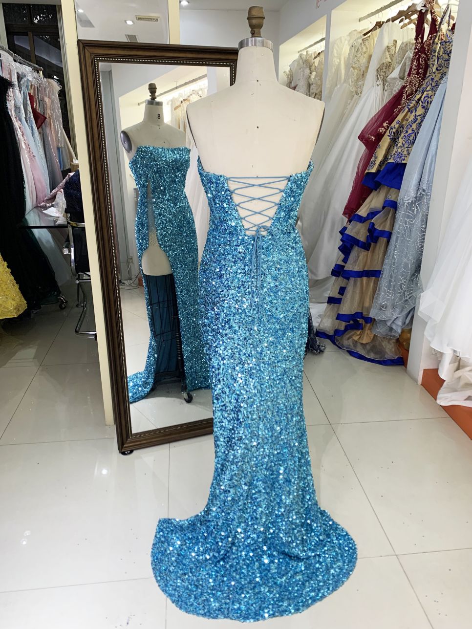 New sequin boning wholesale high slit long gowns evening dresses for prom night 2025