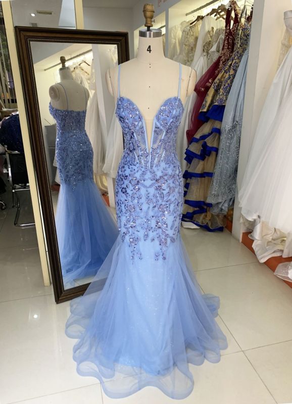 See through corset emerald lilac sleeveless deep V sequin beading tulle mermaid prom evening dresses