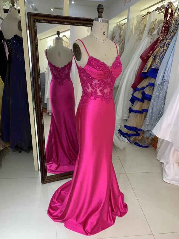 Wholesale embroidery corset Fuchsia sleeveless hand pleated satin mermaid prom evening dresses