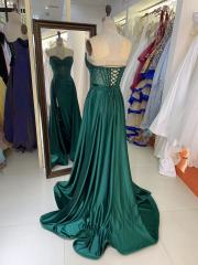 See through corset emerald green sleeveless beading hand pleated mermaid prom evening dresses with overskirt