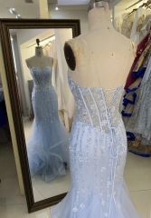 Wholesale embroidery corset Fuchsia sleeveless hand pleated satin mermaid prom evening dresses
