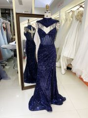 Wholesale see through corset navy blue sleeveless sequin hand pleated mermaid prom evening dresses
