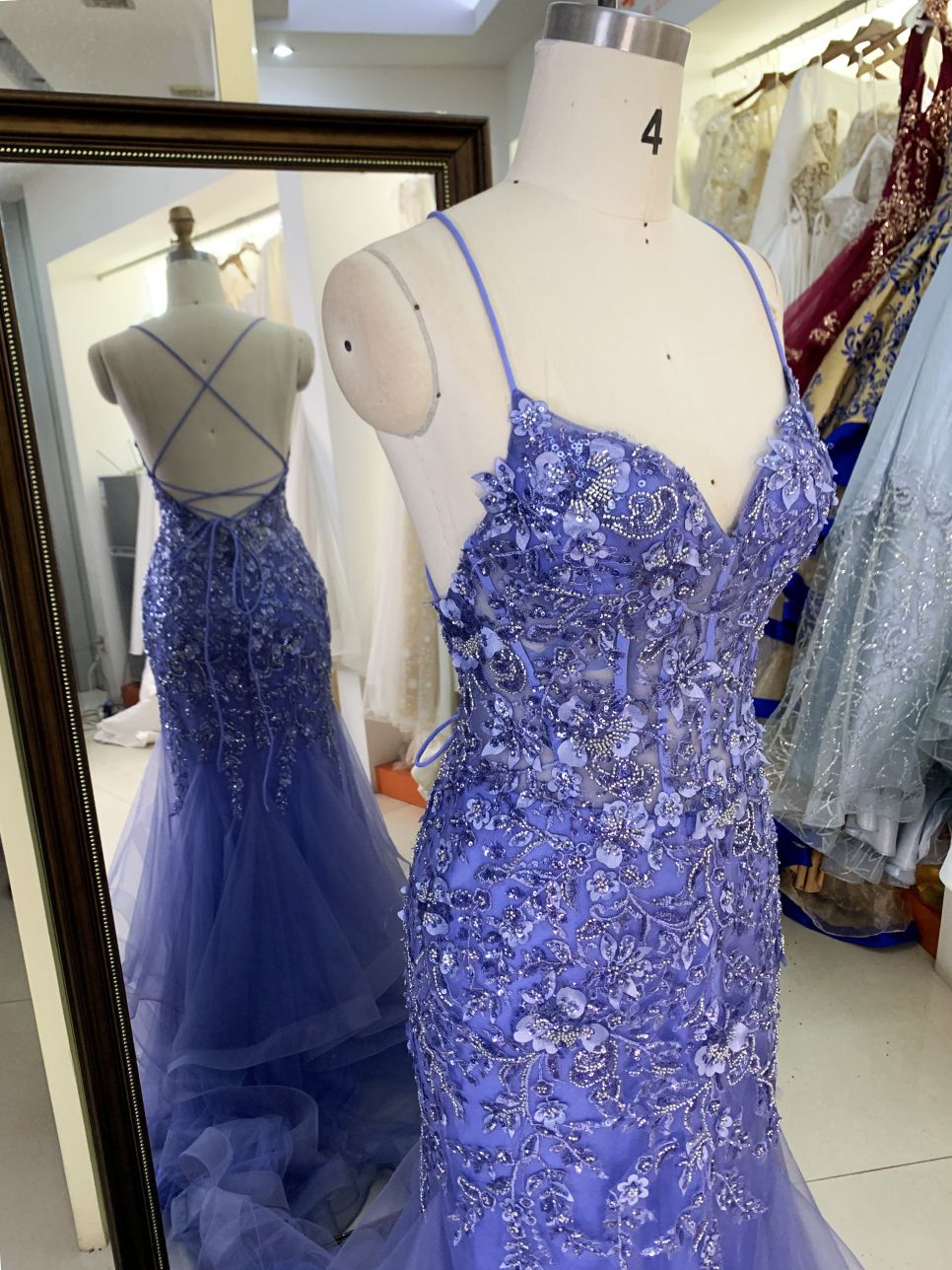 Wholesale see through corset dusty blue embroidery sleeveless mermaid prom evening dresses