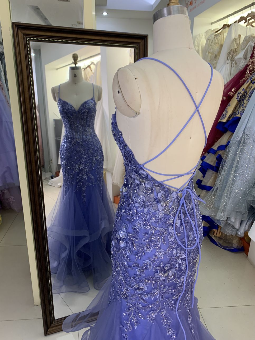 Wholesale see through corset dusty blue embroidery sleeveless mermaid prom evening dresses