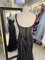 Wholesale black with silver beading chain sleeveless deep V zipper up back tulle mermaid prom evening dresses