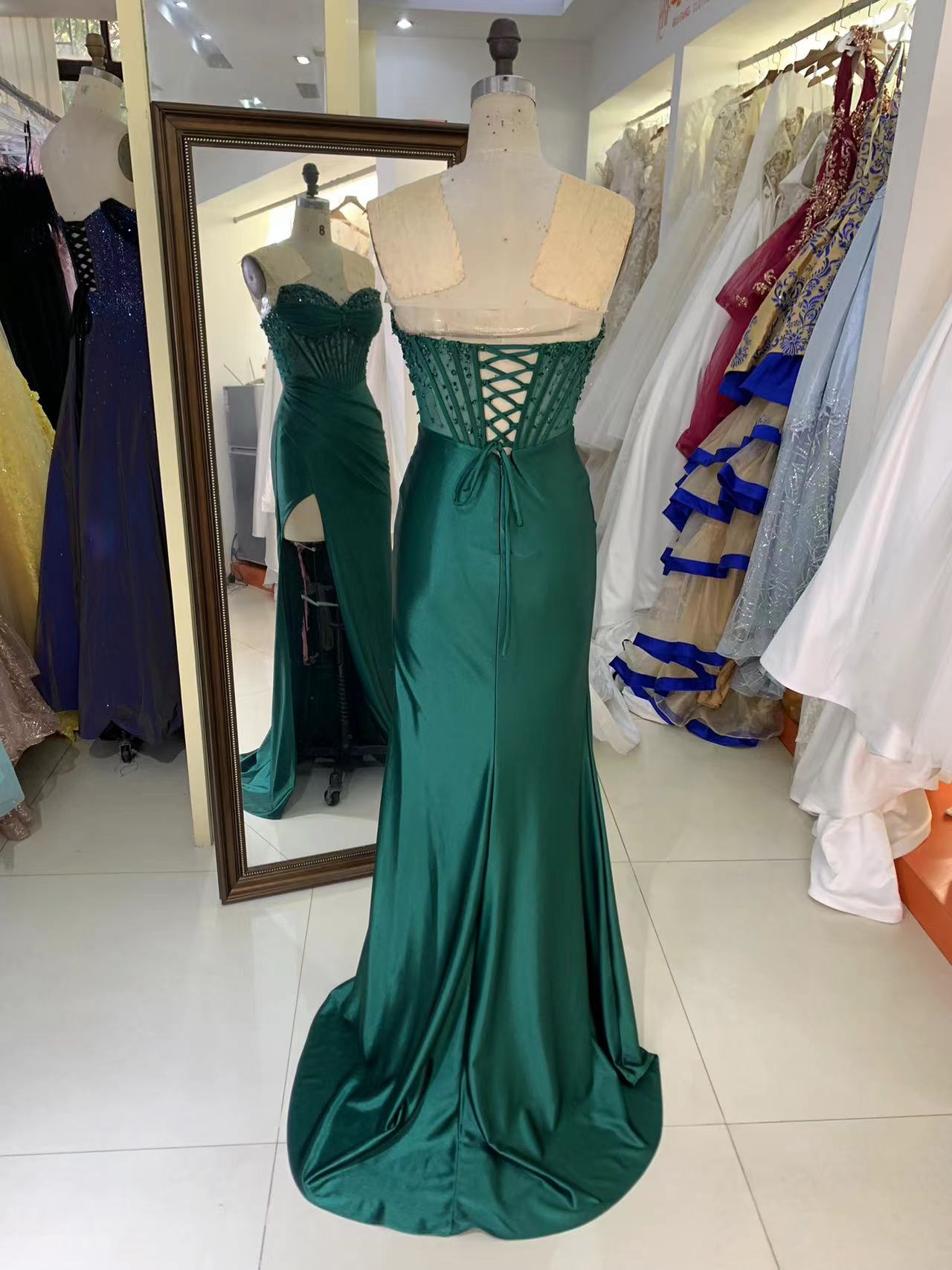 See through corset emerald green sleeveless beading hand pleated mermaid prom evening dresses with overskirt