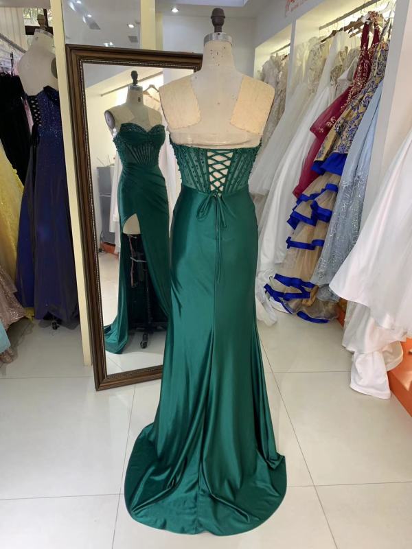 See through corset emerald green sleeveless beading hand pleated mermaid prom evening dresses with overskirt