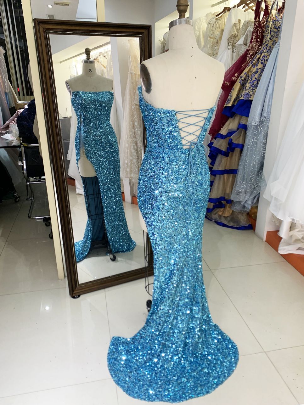 New sequin boning wholesale high slit long gowns evening dresses for prom night 2025
