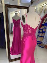 Wholesale embroidery corset Fuchsia sleeveless hand pleated satin mermaid prom evening dresses