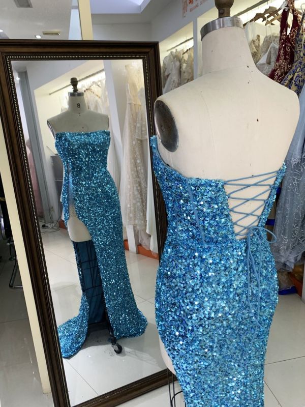 New sequin boning wholesale high slit long gowns evening dresses for prom night 2025