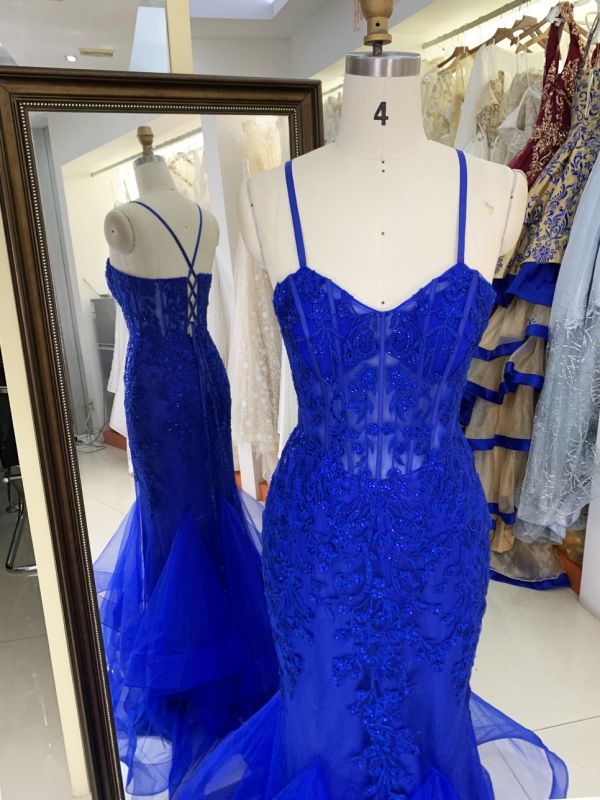 New embroidery flower boning royal blue elegant wholesale long gowns evening prom dress 2025