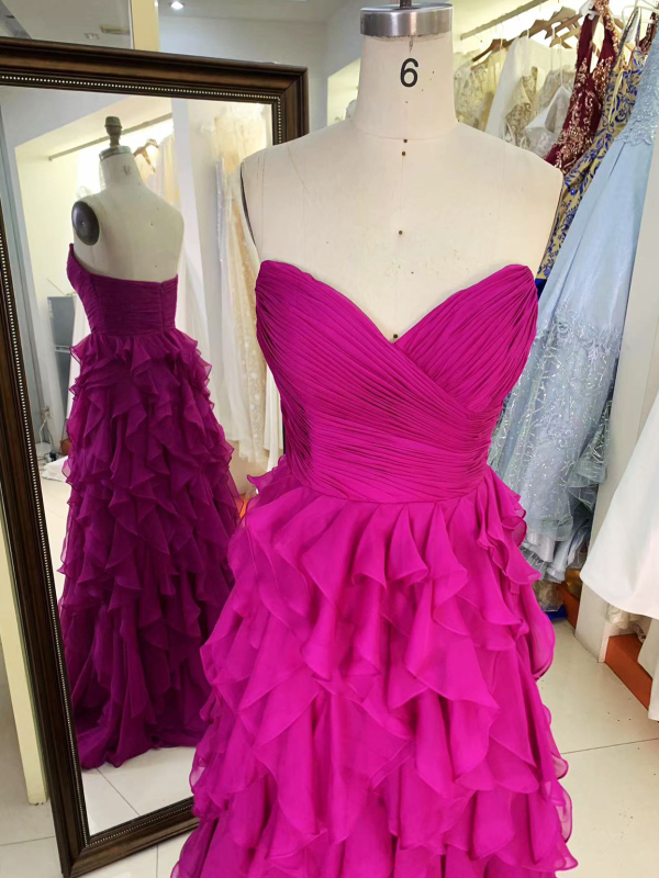 Wholesale fuchsia sleeveless sweetheart hand pleated tulle A line zipper up back ruffle prom evening dresses