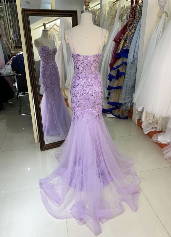 See through corset emerald lilac sleeveless deep V sequin beading tulle mermaid prom evening dresses