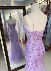 See through corset emerald lilac sleeveless deep V sequin beading tulle mermaid prom evening dresses
