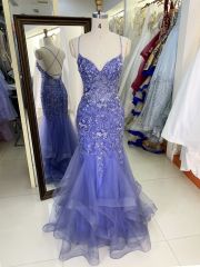 Wholesale see through corset dusty blue embroidery sleeveless mermaid prom evening dresses