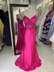 Wholesale embroidery corset Fuchsia sleeveless hand pleated satin mermaid prom evening dresses