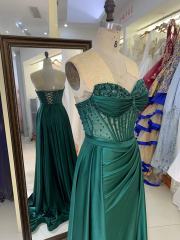 See through corset emerald green sleeveless beading hand pleated mermaid prom evening dresses with overskirt