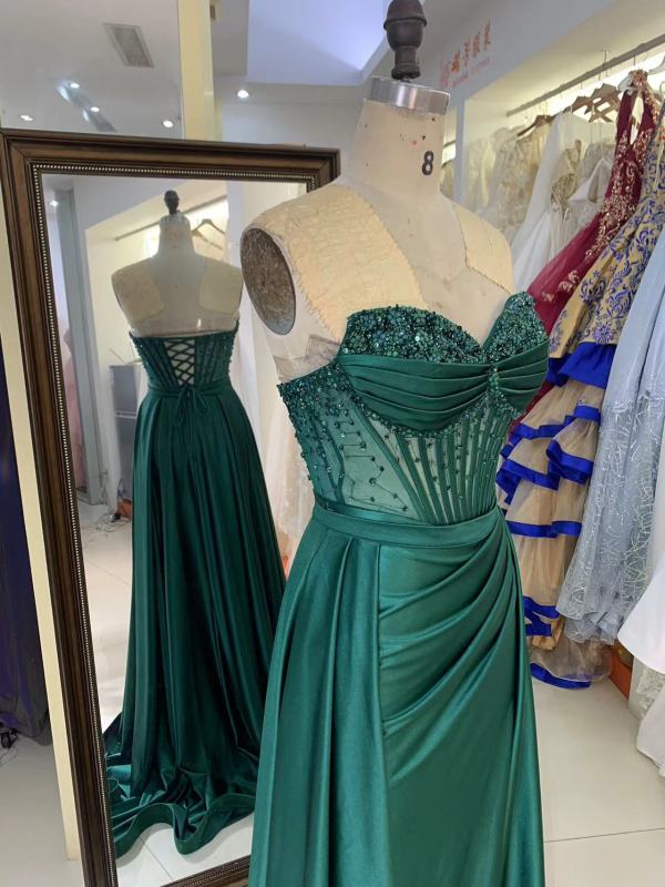 See through corset emerald green sleeveless beading hand pleated mermaid prom evening dresses with overskirt