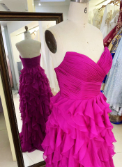 Wholesale fuchsia sleeveless sweetheart hand pleated tulle A line zipper up back ruffle prom evening dresses