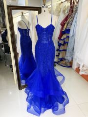New embroidery flower boning royal blue elegant wholesale long gowns evening prom dress 2025