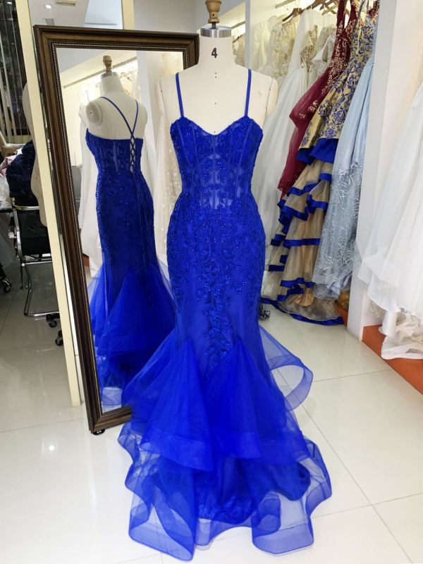 New embroidery flower boning royal blue elegant wholesale long gowns evening prom dress 2025